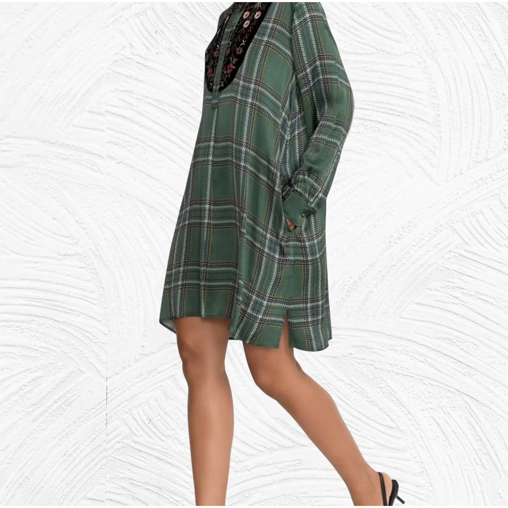 Johnny Was VIVIANA  Tuxedo Yoke Shirt Tunic Dress Large Embroidered Plaid Green